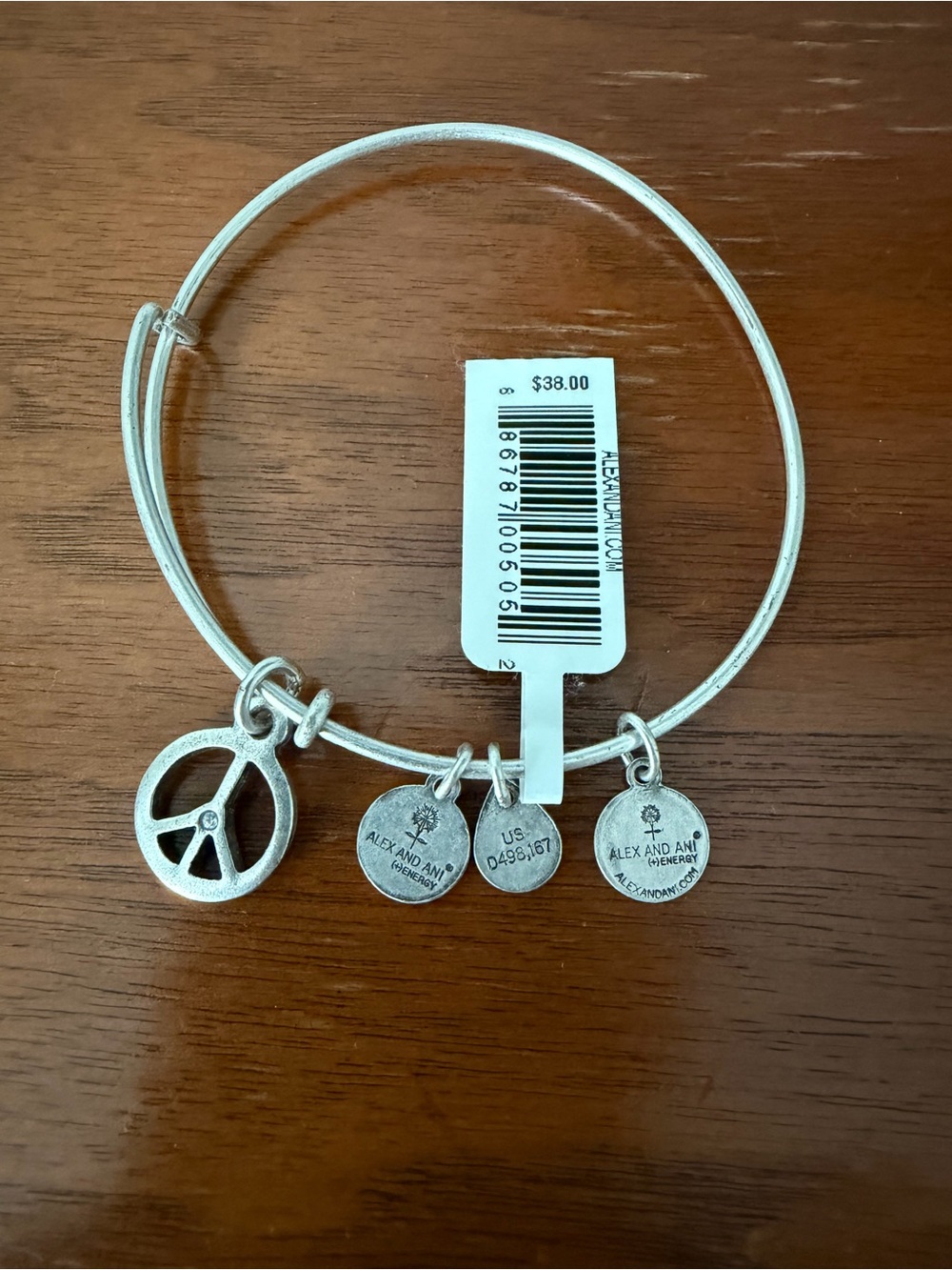 NWT - Alex and Ani Silver Tone Peace Sign Charm Bangle